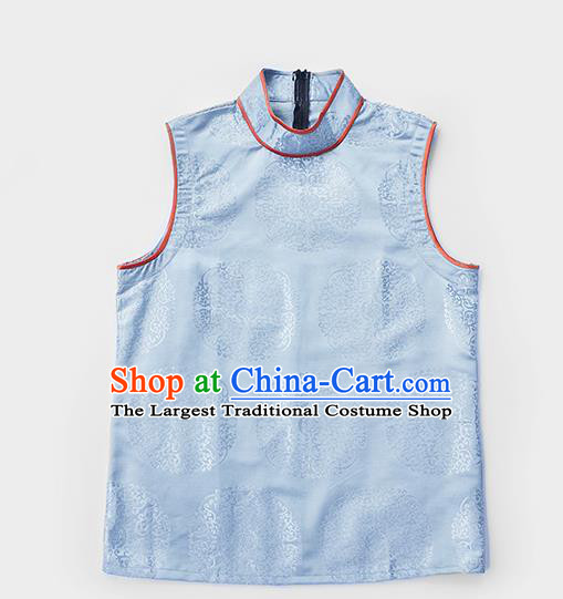 Chinese Tibetan Ethnic Light Blue Brocade Waistcoat Zang Nationality Vest Clothing