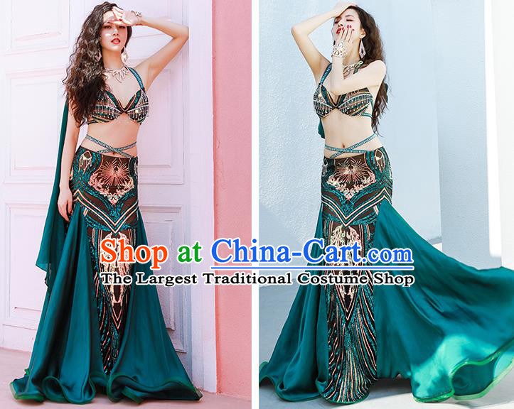 Traditional Oriental Dance Group Dance Clothing Asian Indian Belly Dance Luxury Outfits Bra and Green Skirt