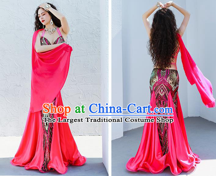 Asian Indian Belly Dance Luxury Outfits Bra and Rosy Skirt Traditional Oriental Dance Group Dance Clothing