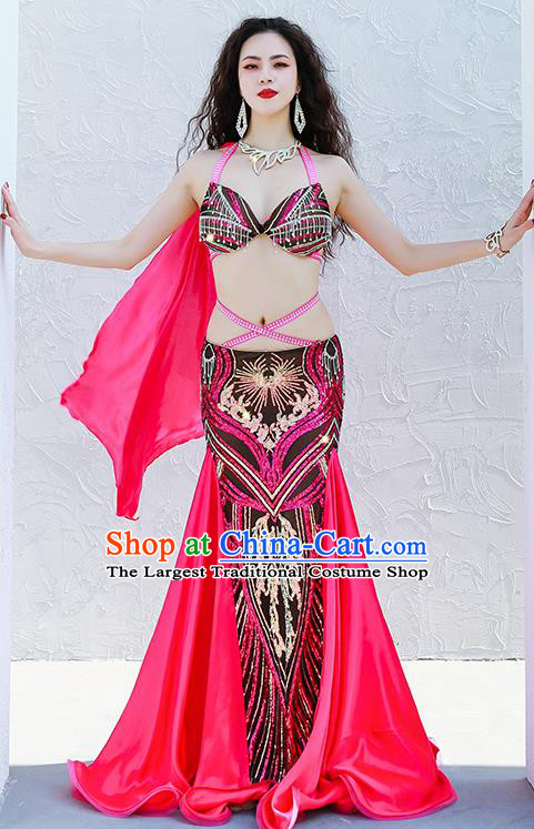 Asian Indian Belly Dance Luxury Outfits Bra and Rosy Skirt Traditional Oriental Dance Group Dance Clothing