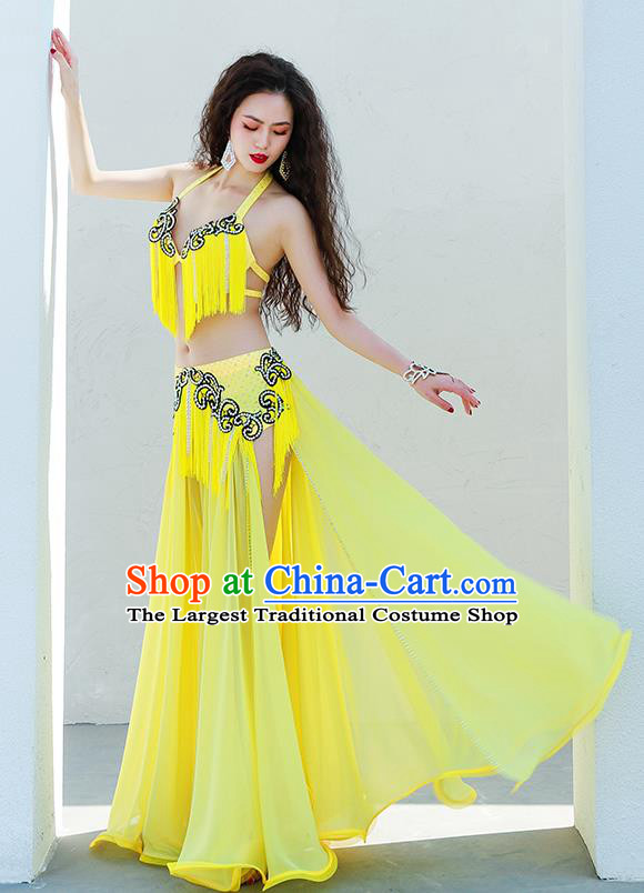 Indian Belly Dance Luxury Outfits Traditional Asian Oriental Dance Group Dance Clothing Yellow Tassel Bra and Skirt