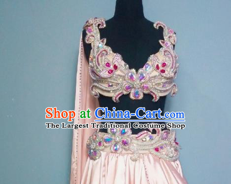 Traditional Asian Oriental Dance Stage Performance Clothing Bra and Pink Skirt Indian Belly Dance Competition Outfits