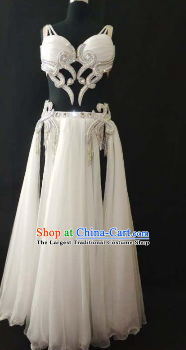 Traditional Asian Oriental Dance Competition Clothing Bra and Skirt Indian Belly Dance White Chiffon Outfits