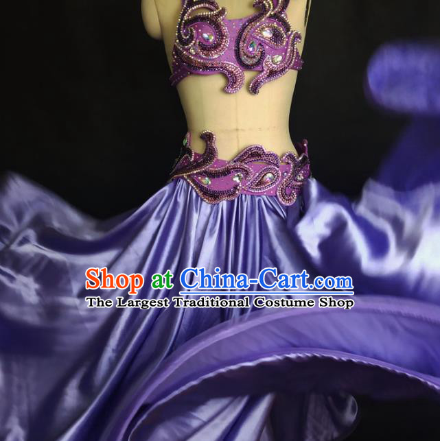 Indian Belly Dance Sexy Purple Outfits Traditional Asian Oriental Dance Competition Bra and Skirt Clothing