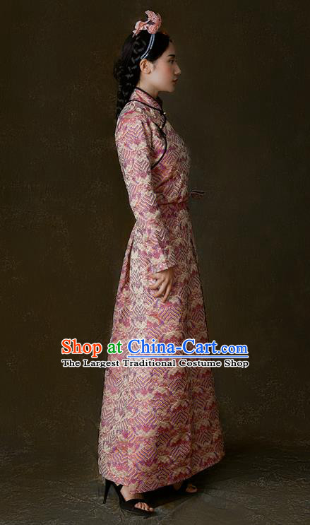 China Traditional Tibetan Ethnic Stage Performance Clothing Zang Nationality Pink Brocade Bola Dress