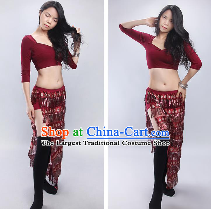 Asian Oriental Dance Training Top and Tassel Skirt Clothing Indian Traditional Belly Dance Wine Red Outfits
