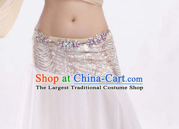 Indian Traditional Belly Dance Outfits Asian Oriental Dance Training Beige Blouse and White Skirt Clothing