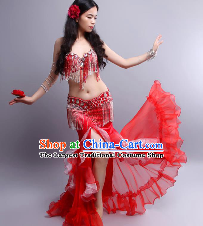 Indian Traditional Belly Dance Red Sexy Tassel Outfits Asian Oriental Dance Stage Performance Clothing