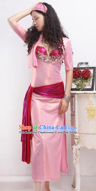 India Traditional Belly Dance Stage Clothing Asian Oriental Dance Rosy Bra and Pink Robe