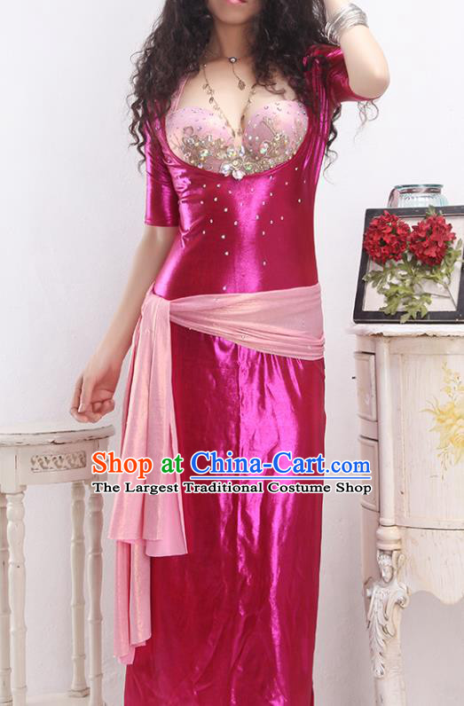Asian Oriental Dance Rosy Bra and Robe Outfits India Traditional Belly Dance Stage Clothing