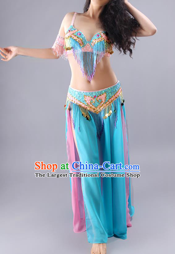Traditional Asian Indian Belly Dance Stage Performance Clothing India Oriental Dance Beads Tassel Bra and Blue Skirt Outfits