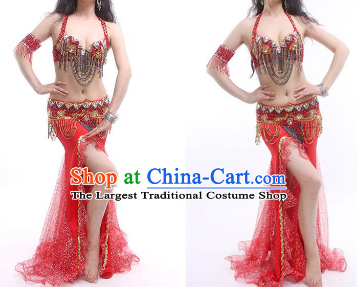 India Oriental Dance Bra and Skirt Outfits Traditional Asian Indian Belly Dance Stage Performance Red Clothing