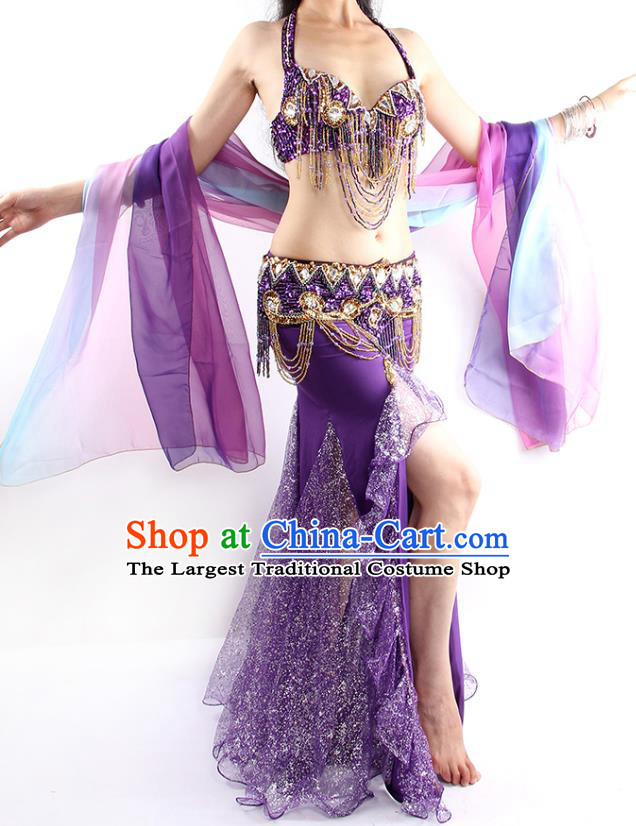 India Oriental Dance Belly Dance Bra and Skirt Outfits Traditional Asian Indian Stage Performance Dance Purple Clothing