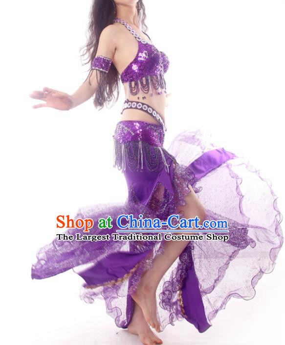 Asian Indian Raks Sharki Dance Fashion Traditional Oriental Dance Costume India Belly Dance Beads Tassel Purple Bra and Skirt