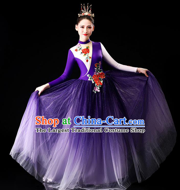 China Chorus Clothing Modern Dance Stage Performance Costume Opening Dance Purple Veil Dress
