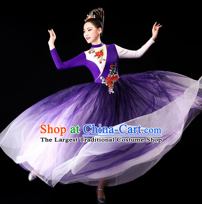 China Chorus Clothing Modern Dance Stage Performance Costume Opening Dance Purple Veil Dress