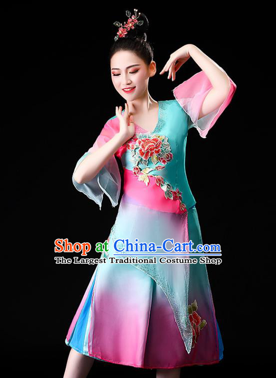 Chinese Traditional Folk Dance Clothing Asian Yangko Dance Performance Embroidered Blue Outfits