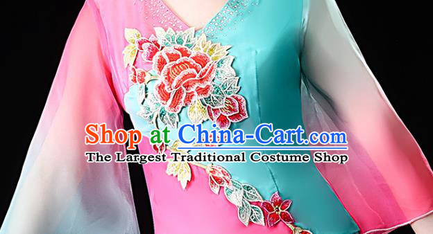 Chinese Traditional Folk Dance Clothing Asian Yangko Dance Performance Embroidered Blue Outfits