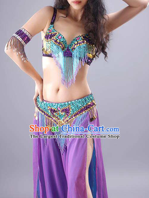 Traditional Asian Indian Belly Dance Clothing India Raks Sharki Tassel Bra and Purple Skirt Outfits