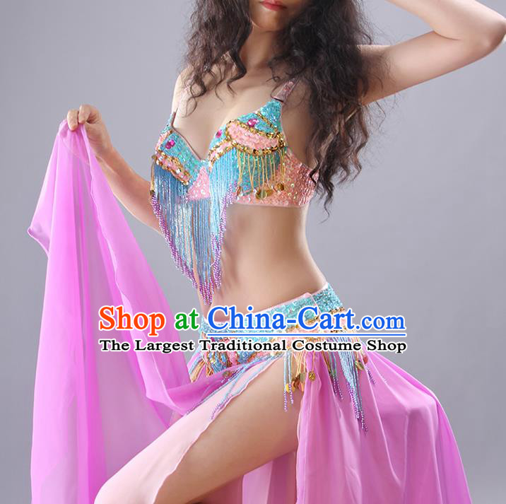 India Raks Sharki Tassel Bra and Pink Skirt Outfits Traditional Asian Indian Belly Dance Performance Clothing