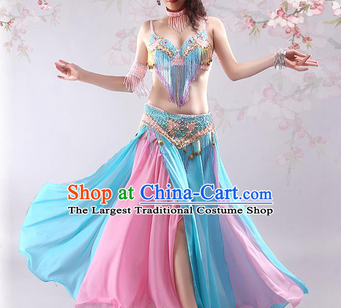 India Oriental Dance Tassel Bra and Blue Skirt Outfits Traditional Asian Indian Belly Dance Group Dance Clothing