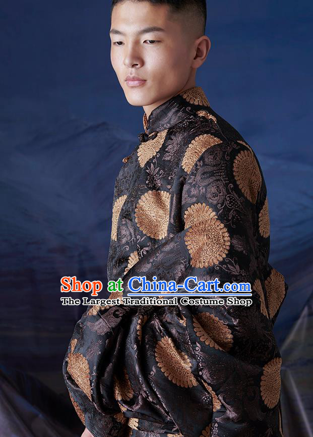 Chinese Zang Nationality Kangba Folk Dance Clothing Tibetan Minority Black Brocade Robe Costume for Men