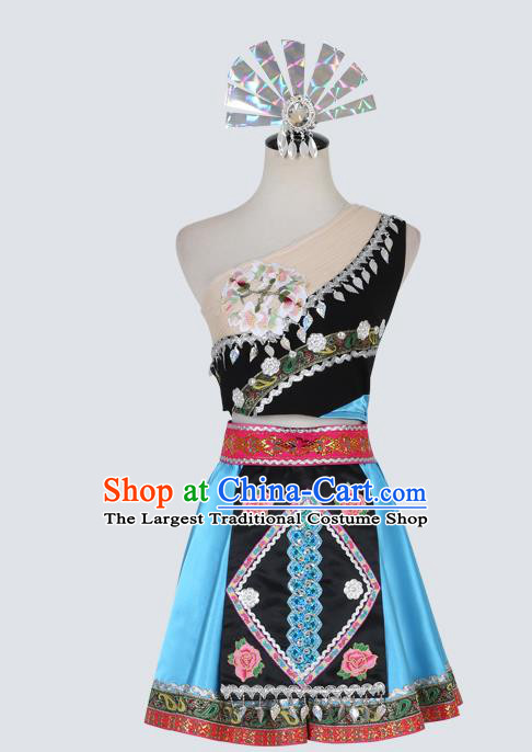 China Traditional Miao Ethnic Folk Dance Clothing Hmong Nationality Stage Performance Blue Dress Outfits and Hair Accessories