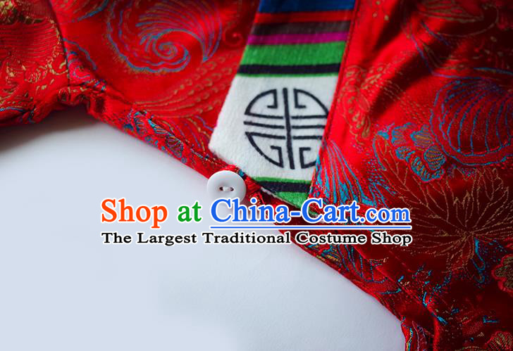 China Tibetan Ethnic Woman Stage Performance Costume Zang Nationality Red Brocade Bola Dress Clothing