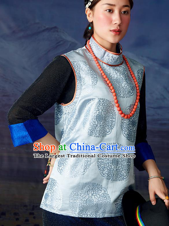 Chinese Tibetan Ethnic Light Blue Brocade Waistcoat Zang Nationality Vest Clothing