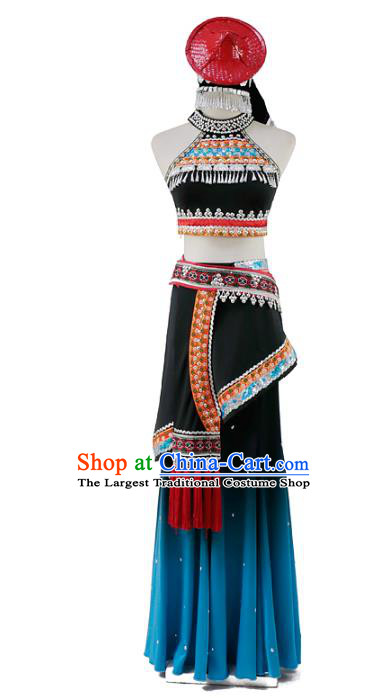 China Traditional Yunnan Ethnic Peacock Dance Clothing Dai Nationality Dress Outfits and Hat