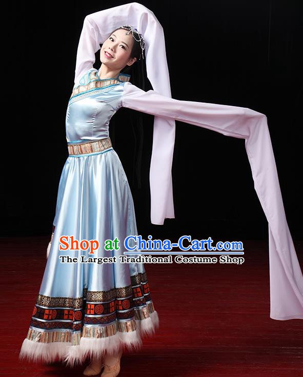 China Tibetan Nationality Folk Dance Blue Dress Outfits Traditional Zang Ethnic Stage Performance Clothing