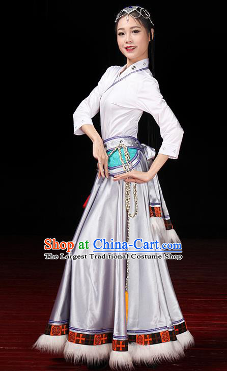 China Traditional Zang Ethnic Folk Dance Clothing Tibetan Nationality Stage Show Dress Outfits