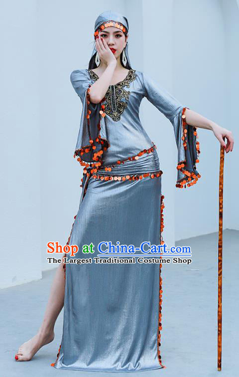 Asian Raks Sharki Belly Dance Stage Performance Costume Indian Traditional Oriental Dance Grey Robe and Headwear