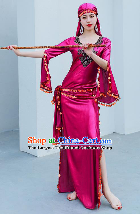 Asian Oriental Dance Raks Sharki Stage Performance Costume Indian Traditional Belly Dance Rosy Robe and Headpiece