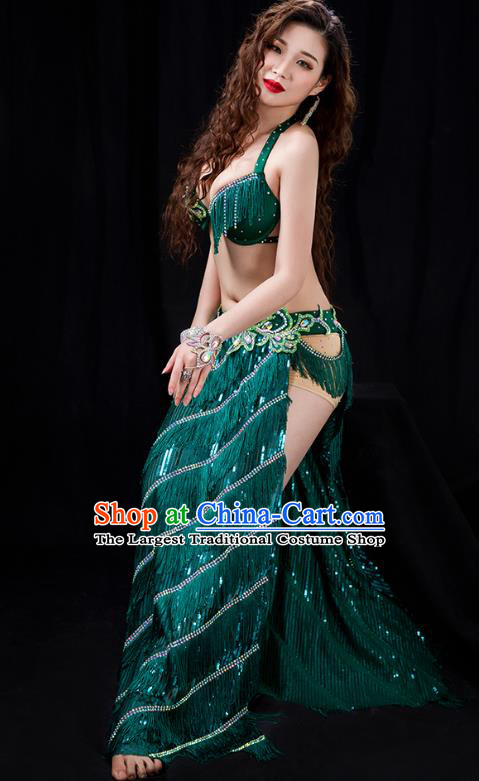 Traditional Asian Oriental Dance Stage Performance Costumes Indian Belly Dance Competition Green Tassel Bra and Skirt Sexy Uniforms