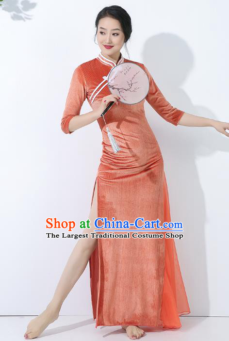 China Classical Dance Palace Fan Dance Orange Qipao Dress Traditional Stage Performance Clothing