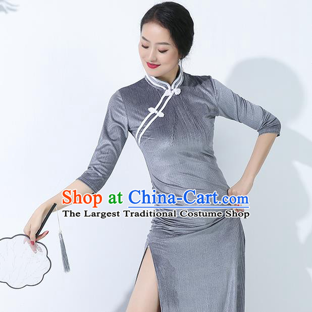 China Traditional Stage Performance Clothing Classical Dance Palace Fan Dance Grey Qipao Dress