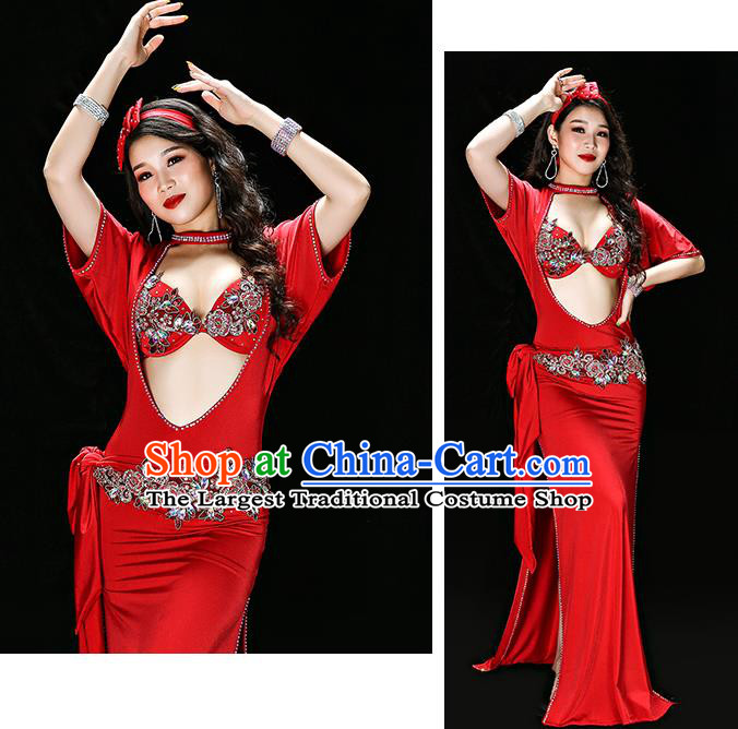 Asian Oriental Dance Stage Costumes Traditional Indian Belly Dance Performance Red Bra and Robe Outfits