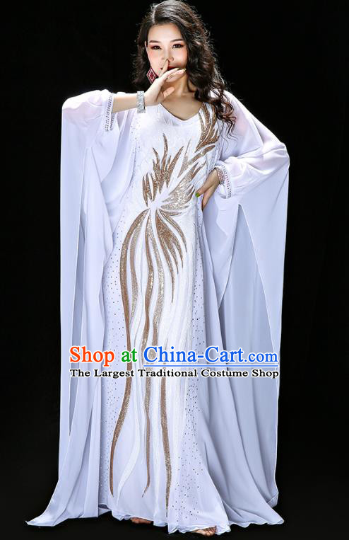 Asian Oriental Dance White Dress Costume Traditional Indian Belly Dance Performance Embroidered Sequins Robe