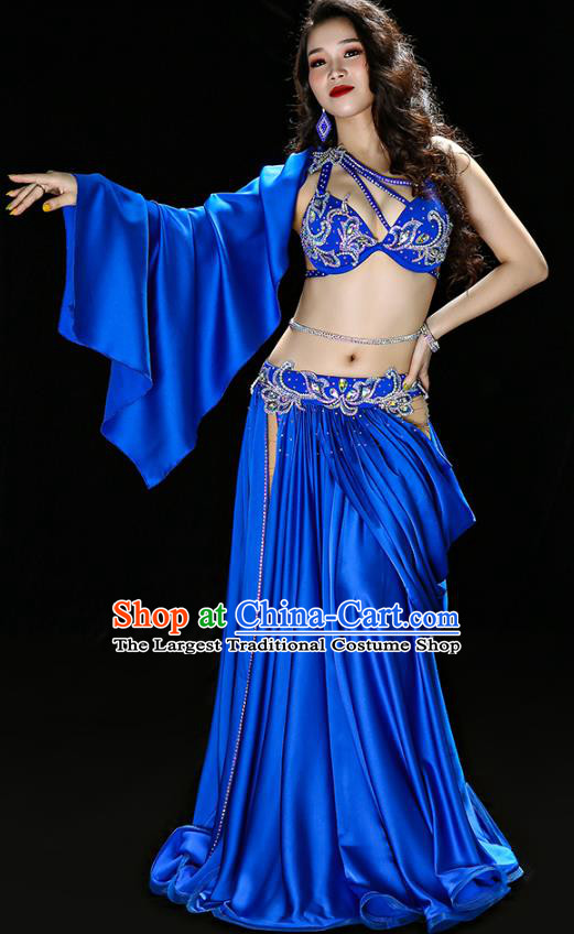 Indian Belly Dance Performance Blue Satin Outfits Traditional Asian Oriental Dance Bra and Skirt Costumes