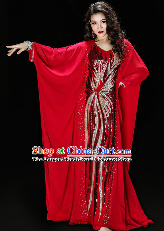 Traditional Indian Belly Dance Performance Embroidered Sequins Robe Asian Oriental Dance Red Dress Costume