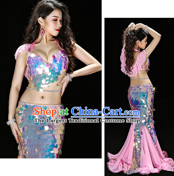 Asian Oriental Dance Sequins Pink Fishtail Dress Traditional Indian Belly Dance Group Performance Costume
