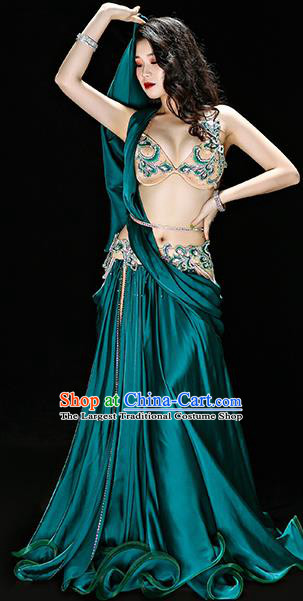 Asian Oriental Dance Stage Performance Outfits Traditional Indian Belly Dance Bra and Green Skirt Costume