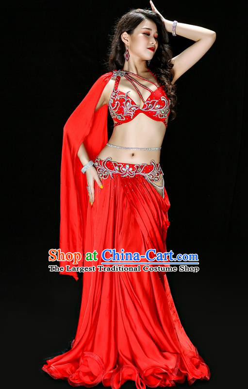 Traditional Asian Oriental Dance Bra and Skirt Costumes Indian Belly Dance Performance Red Satin Outfits