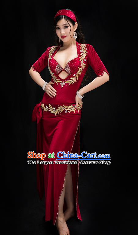 Asian Oriental Dance Stage Performance Outfits Traditional Indian Belly Dance Wine Red Bra and Velvet Robe Costume