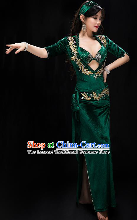 Traditional Indian Belly Dance Green Bra and Velvet Robe Costume Asian Oriental Dance Outfits