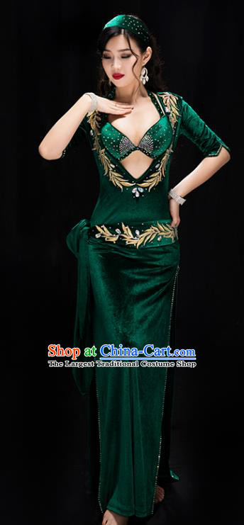 Traditional Indian Belly Dance Green Bra and Velvet Robe Costume Asian Oriental Dance Outfits