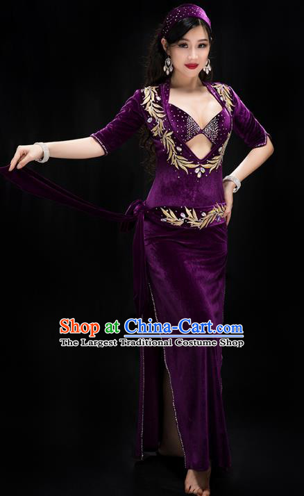 Traditional Indian Belly Dance Stage Performance Bra and Robe Costume Asian Oriental Dance Purple Velvet Outfits