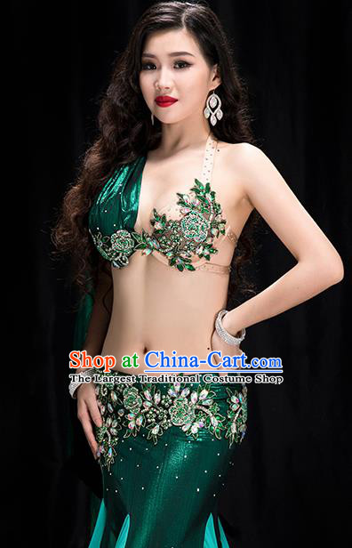Traditional Asian Oriental Dance Green Outfits Indian Belly Dance Stage Performance Bra and Skirt Costume