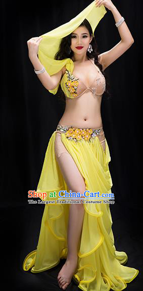 Traditional Asian Oriental Dance Clothing Indian Belly Dance Stage Performance Bra and Yellow Veil Skirt Outfits